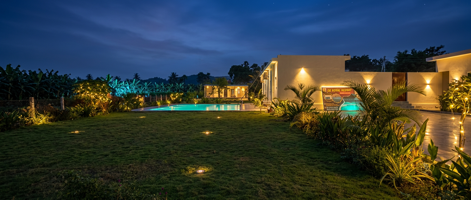 SK Royal Resorts lit up in the evening with garden and pool